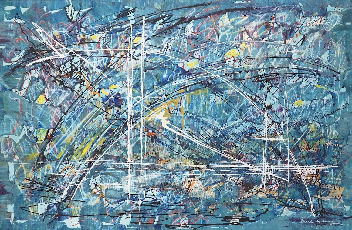 Paul Mann (20th. C), untitled abstract composition, signed, oil on canvas, 59 x 90cm